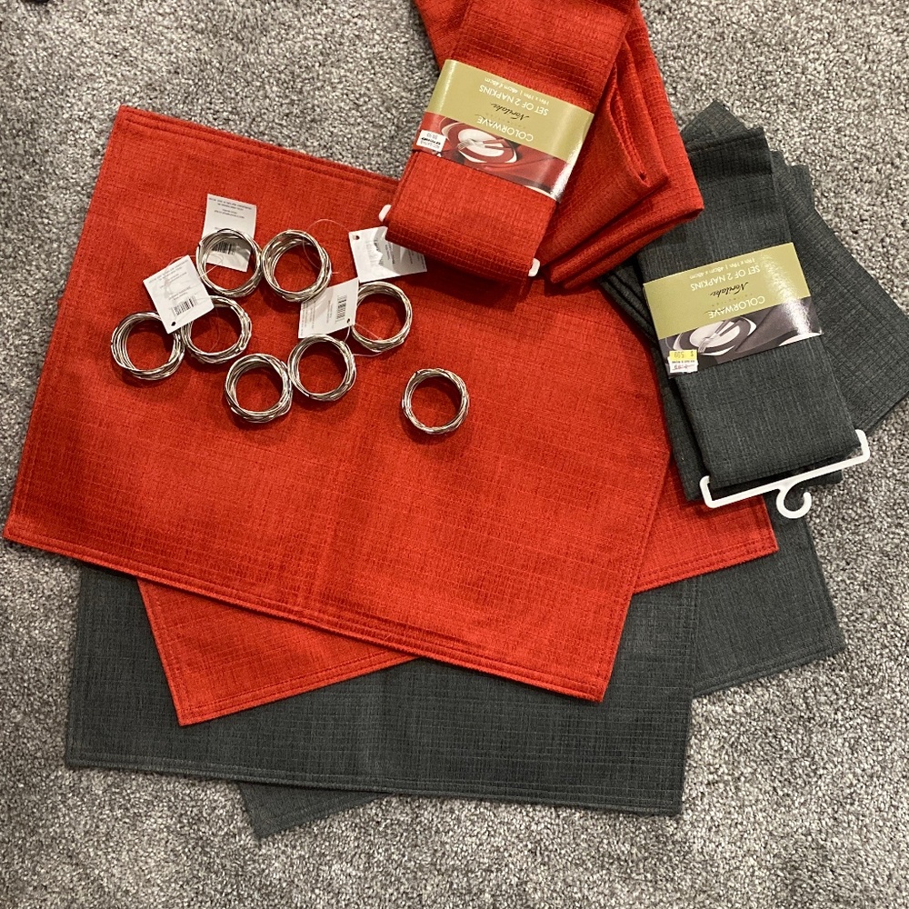 Red and Gray placements, napkins, and napkins rings
